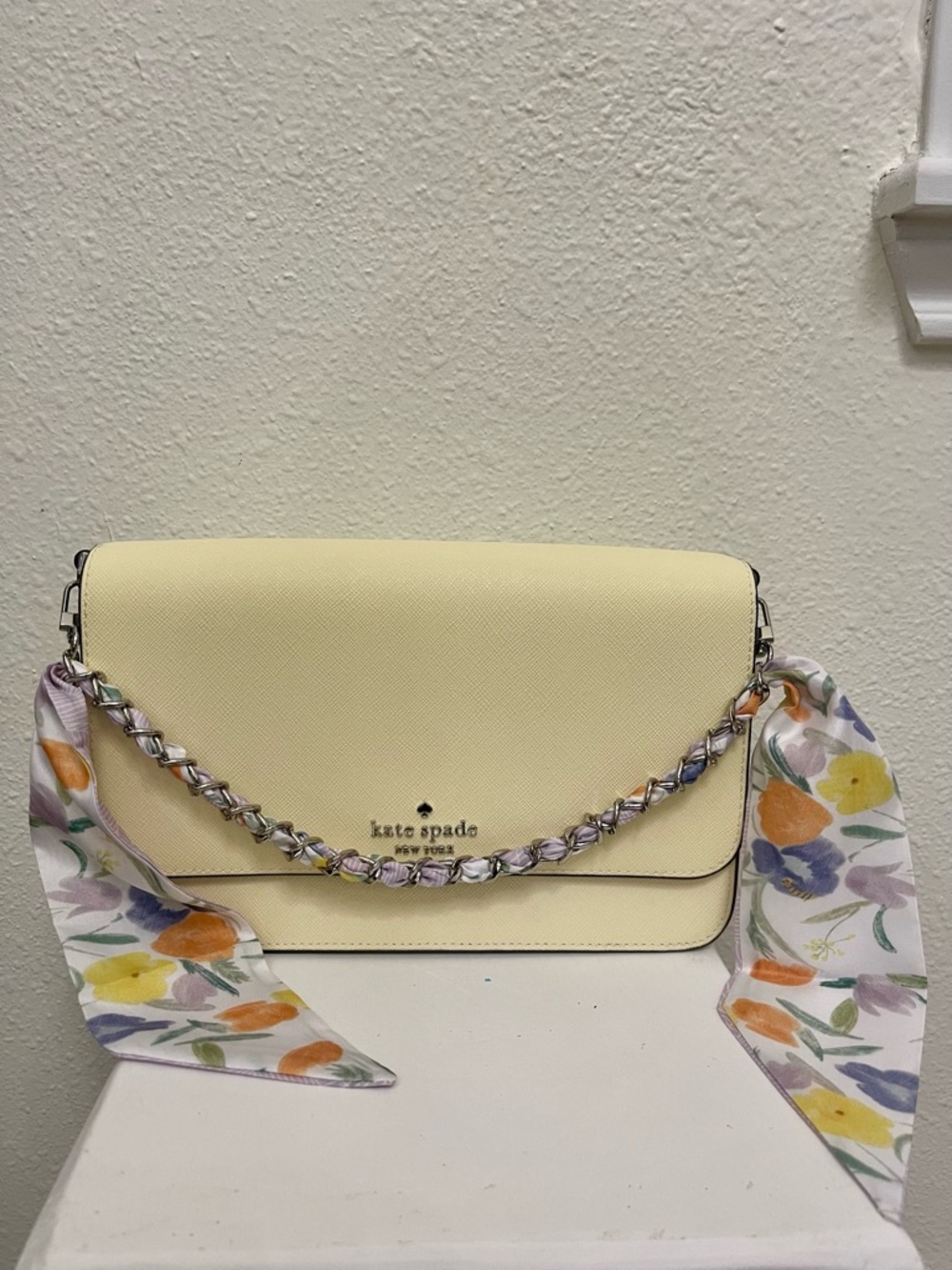 Bag Charm: silver bag chain strap w/Purple multi flower Scarf Strap